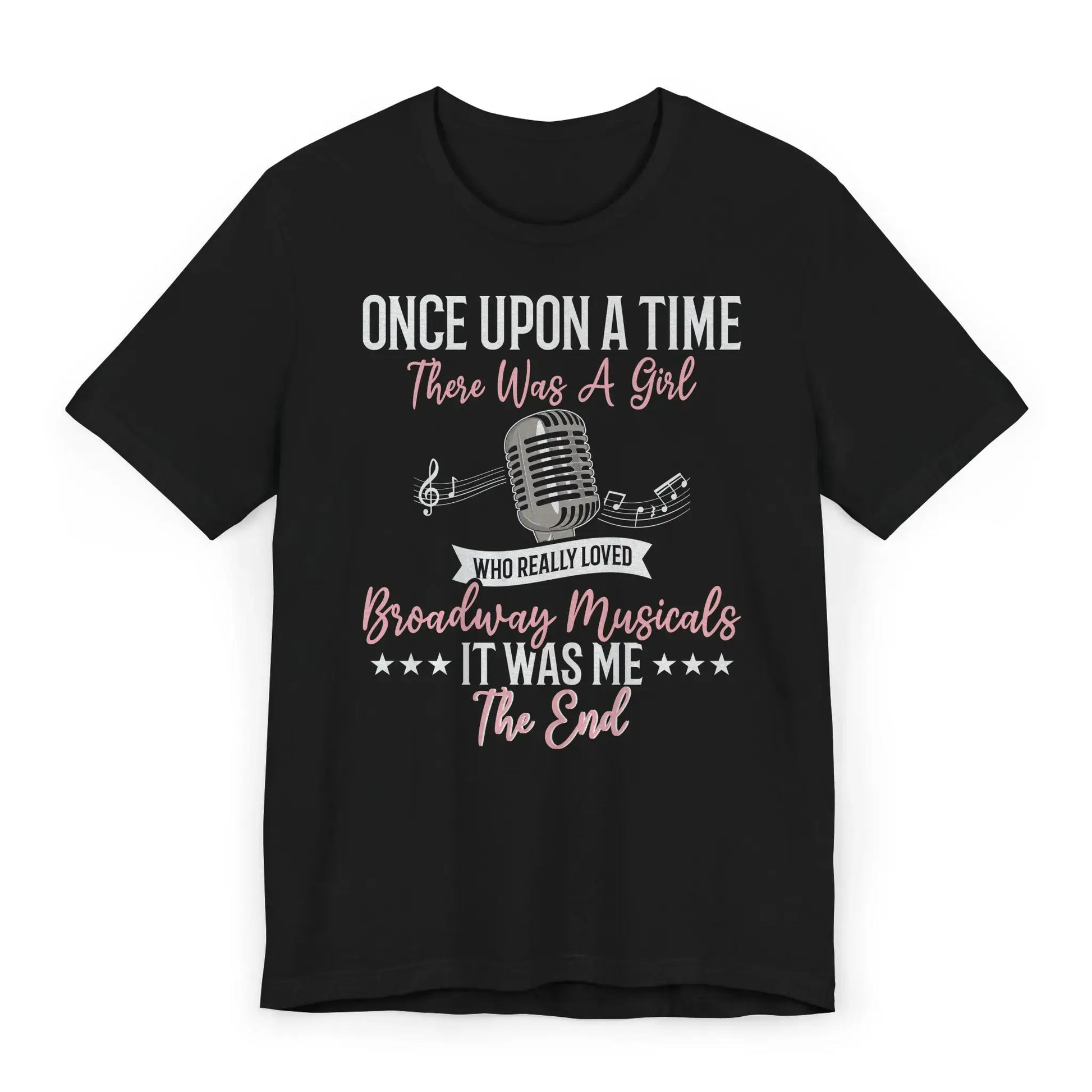 Flat lay of Broadway musical girl shirt with fairytale quote and mic graphic.