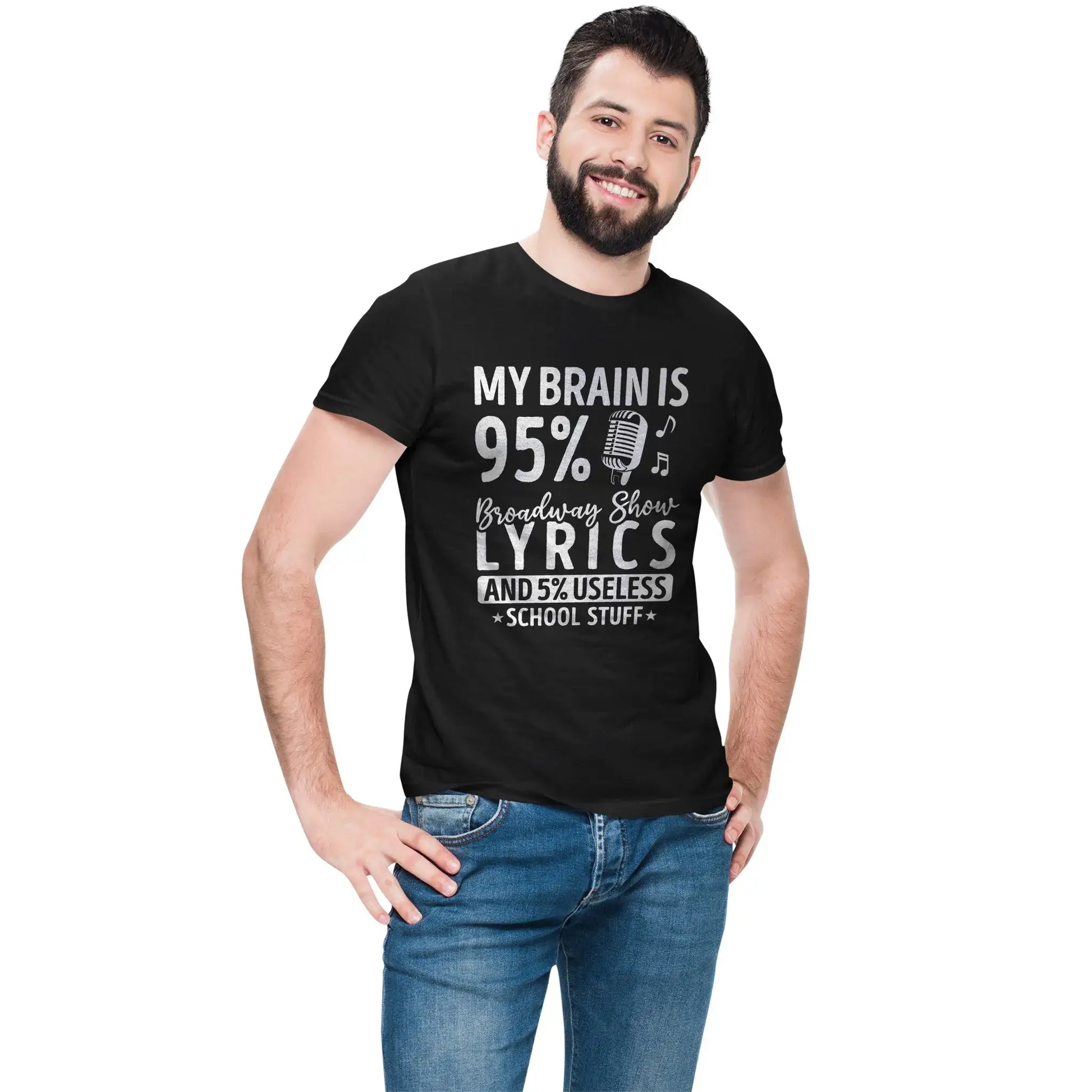 Men’s version of musical fan gift tee with Broadway humor and performer flair.
