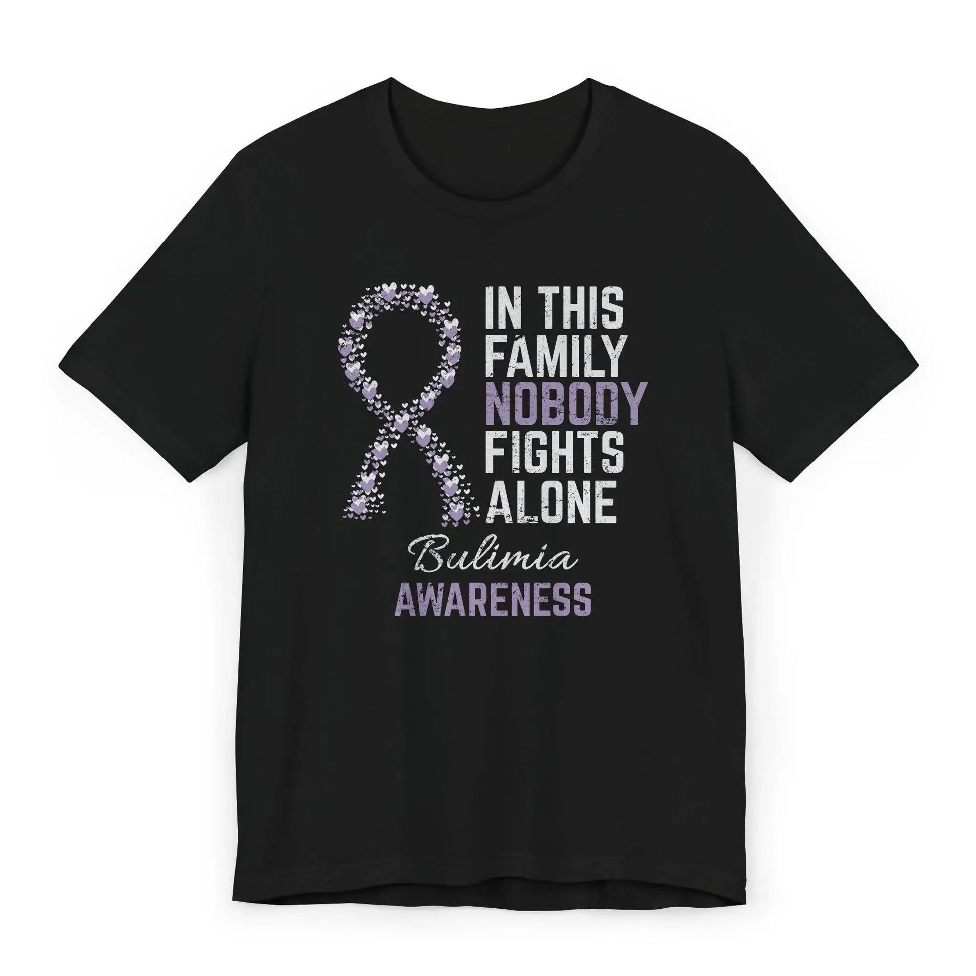 Flat image of the Bulimia Awareness T-shirt with a purple ribbon and quote supporting recovery from eating disorders.