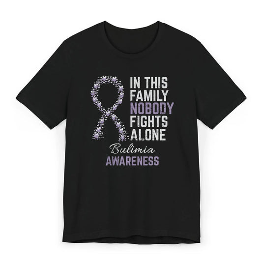 Flat image of the Bulimia Awareness T-shirt with a purple ribbon and quote supporting recovery from eating disorders.