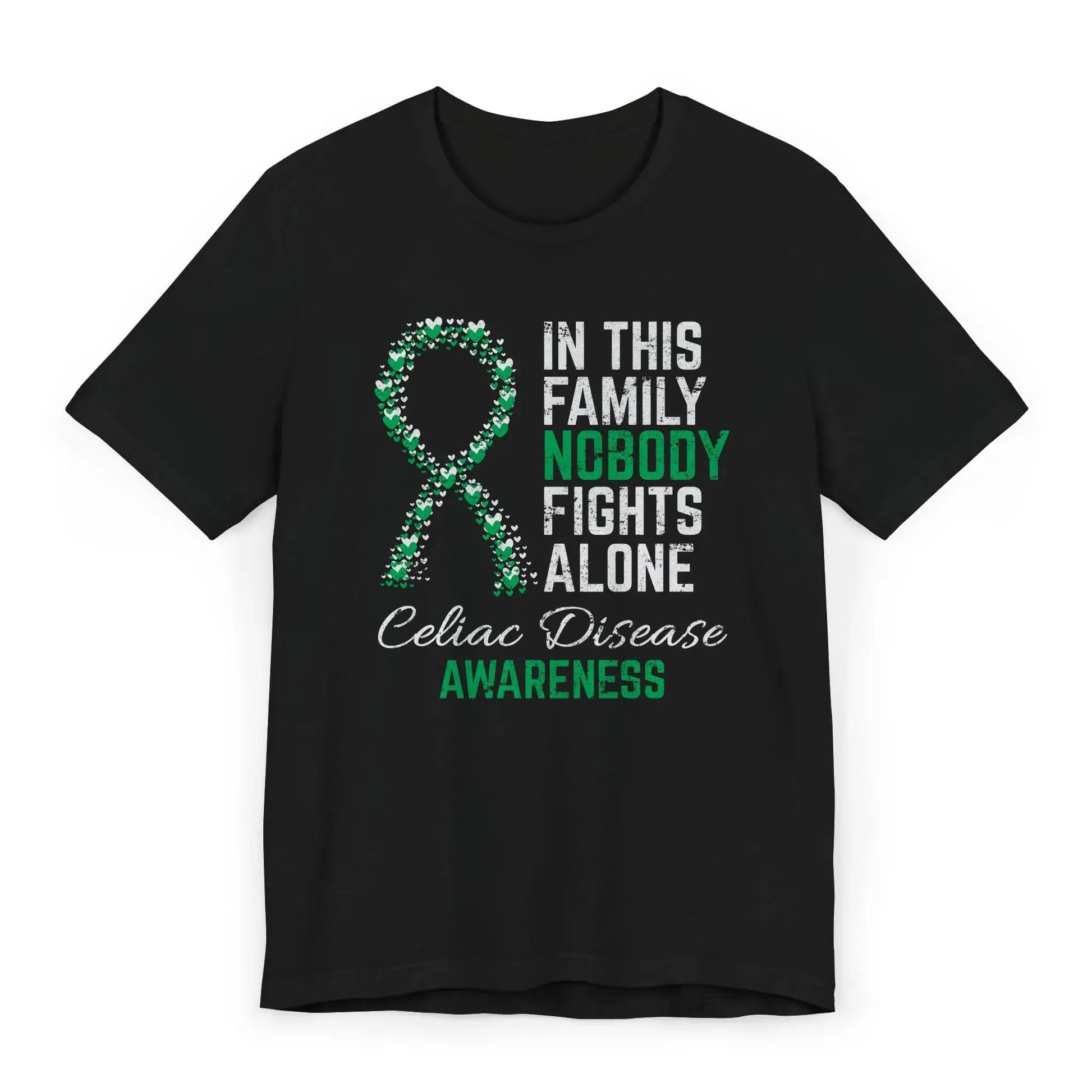 The flat image displays a Celiac Disease awareness unisex T-shirt with a heart-filled ribbon and quote showing support for the gluten-free community.