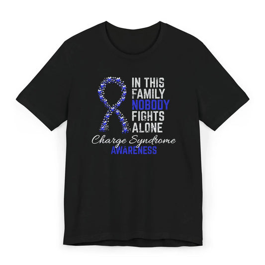 Flat image of the CHARGE Syndrome Awareness T-shirt with a blue ribbon and message of support for rare disease warriors.
