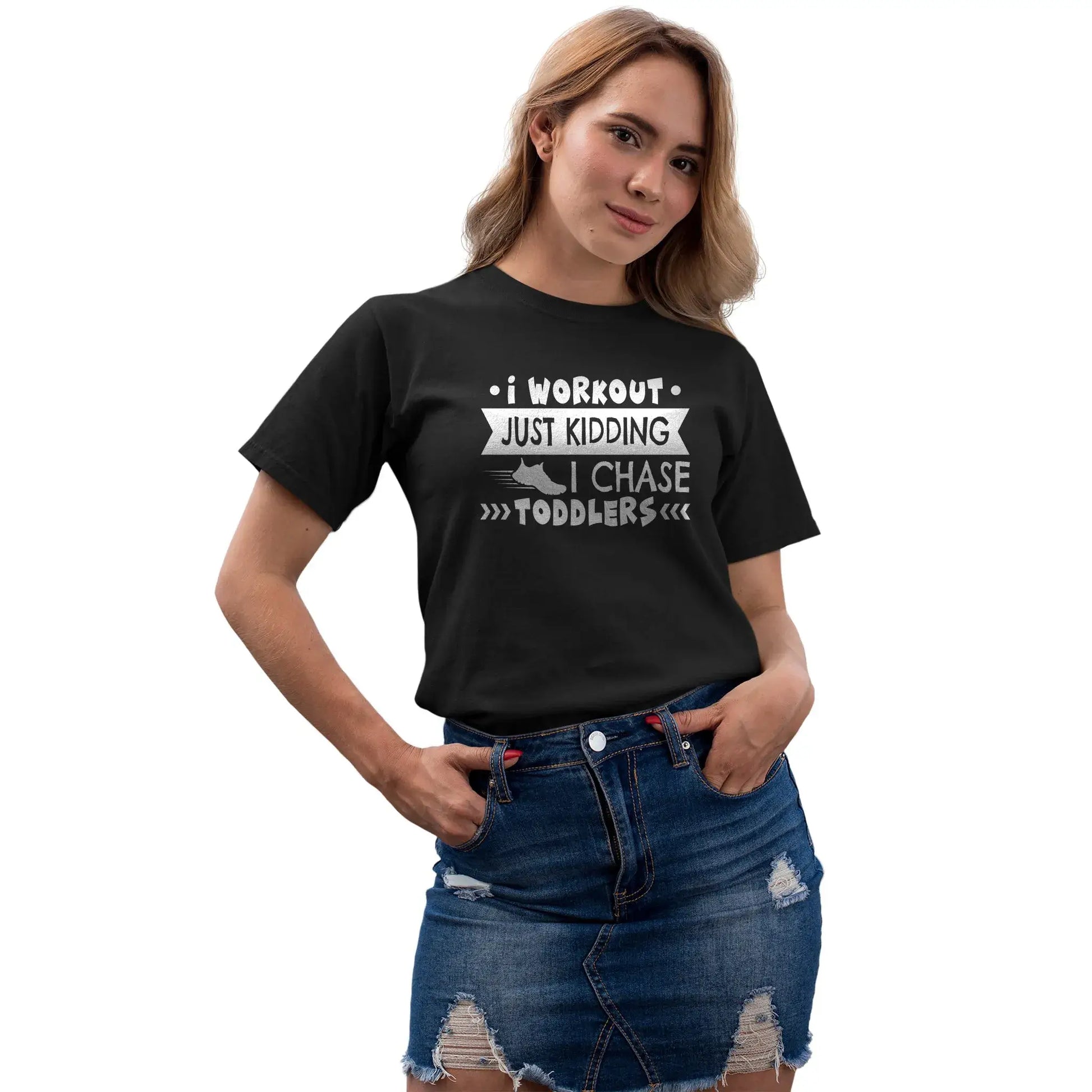 Girl's sitter shirt with fitness-style layout and chasing toddlers humor