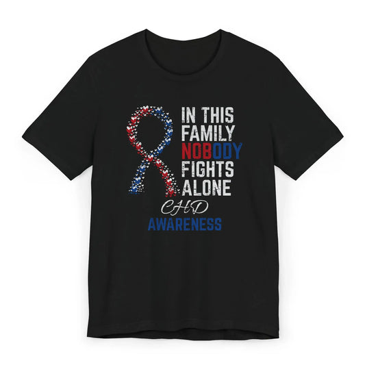 Flat image of the CHD Awareness T-shirt with ribbon and quote, supporting children and families facing congenital heart defects.