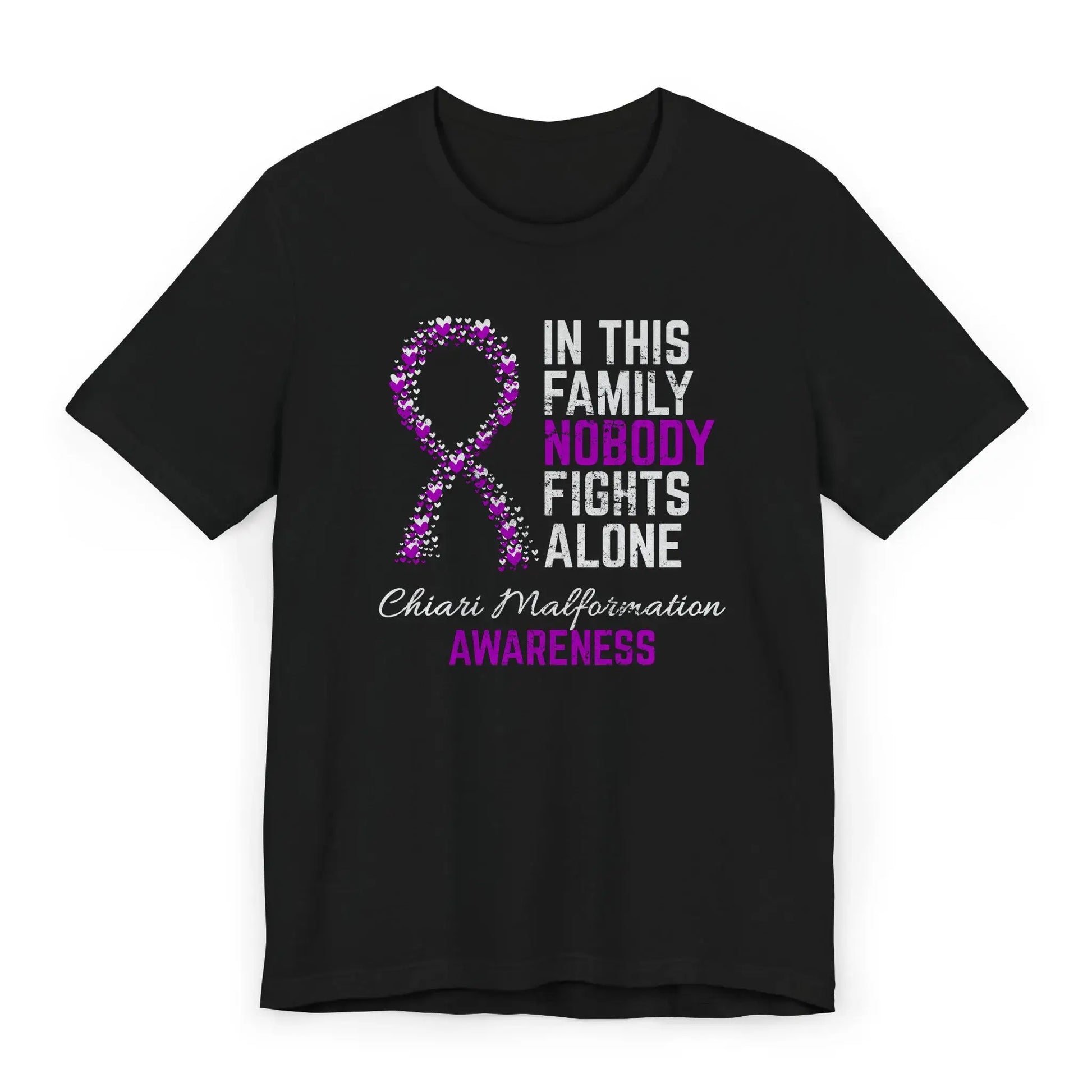 The flat image shows a Chiari Malformation awareness unisex T-shirt with a heart-filled ribbon and the quote “In This Family No One Fights Alone.”