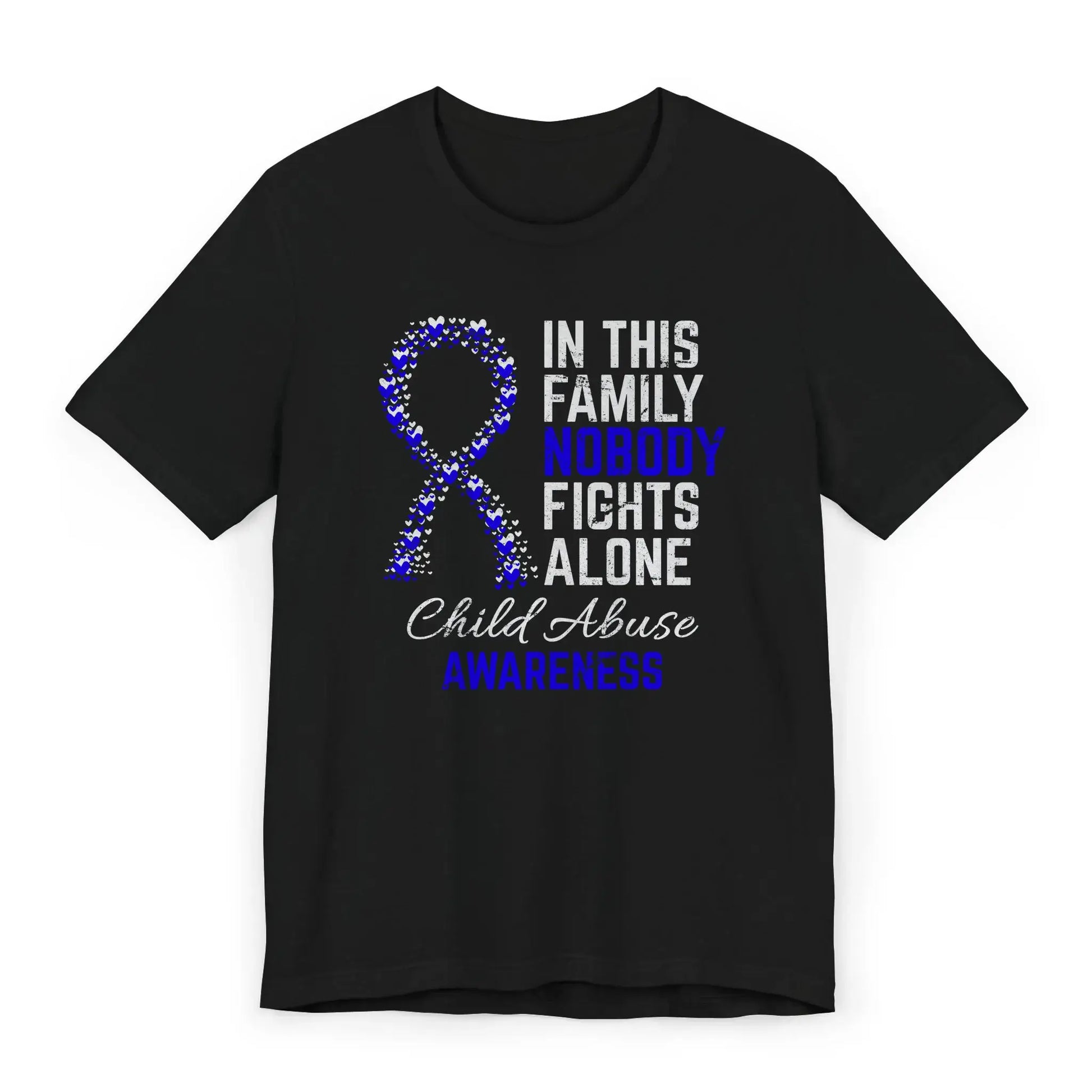 Flat image of the Child Abuse Awareness T-shirt with heart-filled ribbon and quote to support survivors and raise visibility for child protection.