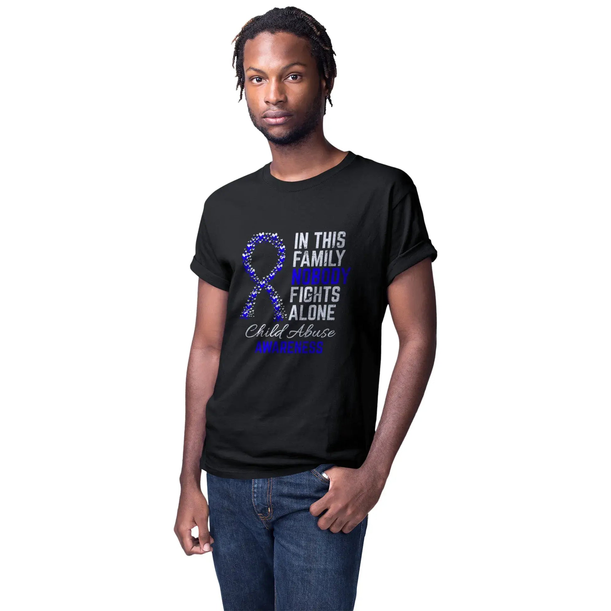 Men’s mockup of the Child Abuse Awareness tee designed to raise awareness, honor survivors, and promote child safety.