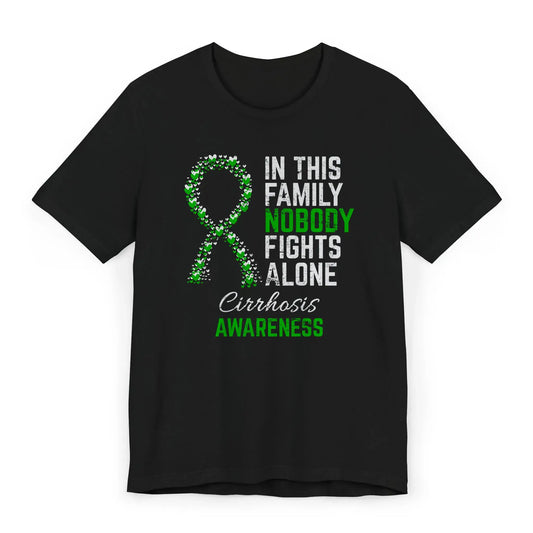 The flat image shows a cirrhosis awareness unisex T-shirt with a heart-filled ribbon and a powerful message about unity and support for liver disease.