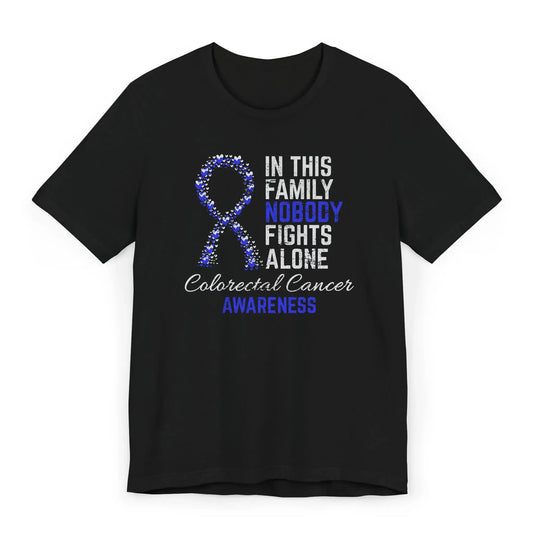Flat image of the Colorectal Cancer Awareness T-shirt with a blue ribbon and quote supporting fighters and survivors.
