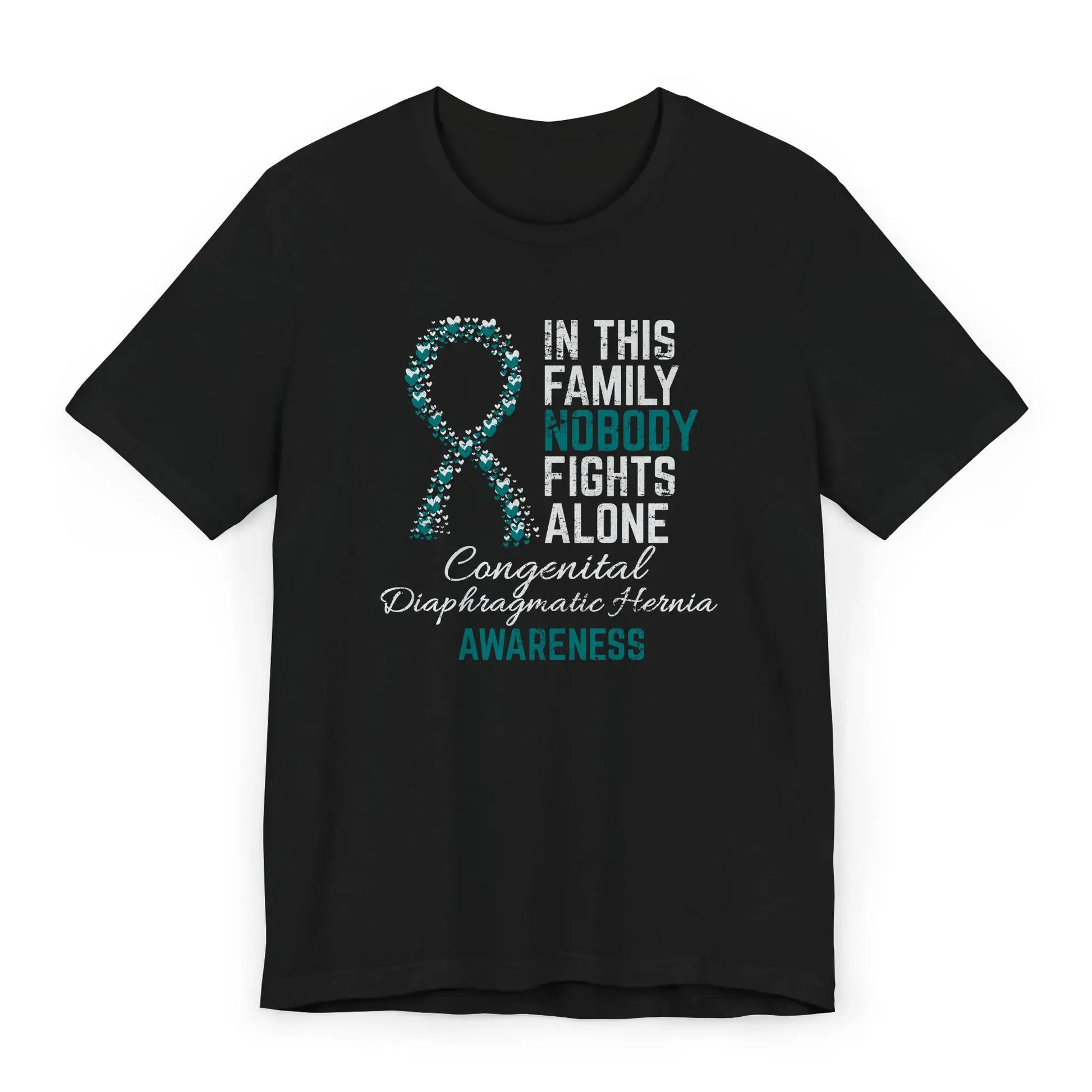 Flat image of the CDH awareness T-shirt with a heart-filled ribbon and the quote “In This Family No One Fights Alone.”