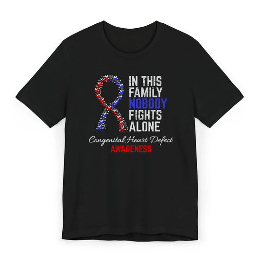 Flat image of the Congenital Heart Defect Awareness T-shirt featuring a red and blue ribbon and supportive quote for CHD warriors.