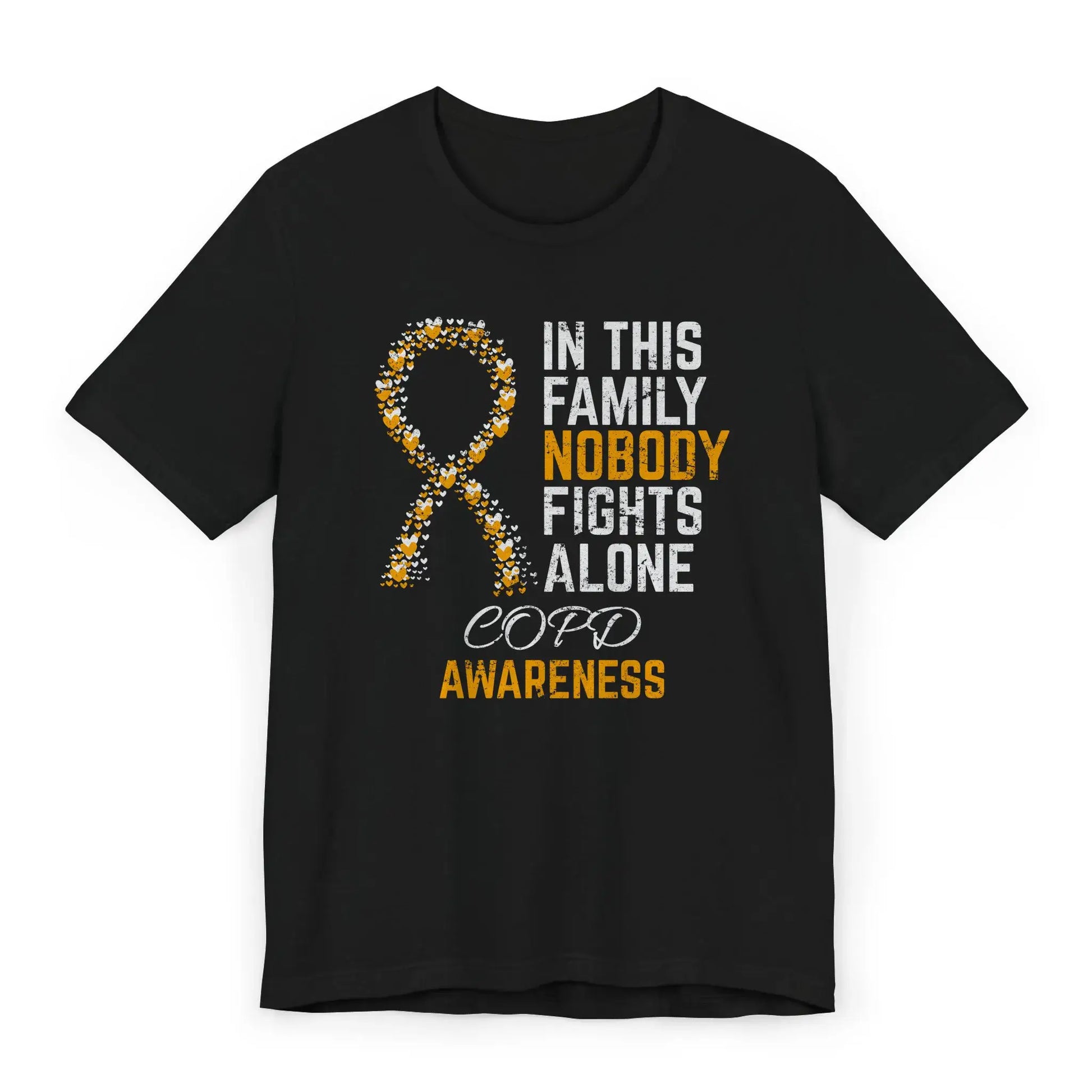 Flat image of the COPD awareness T-shirt with a heart-filled ribbon and the quote “In This Family No One Fights Alone.”
