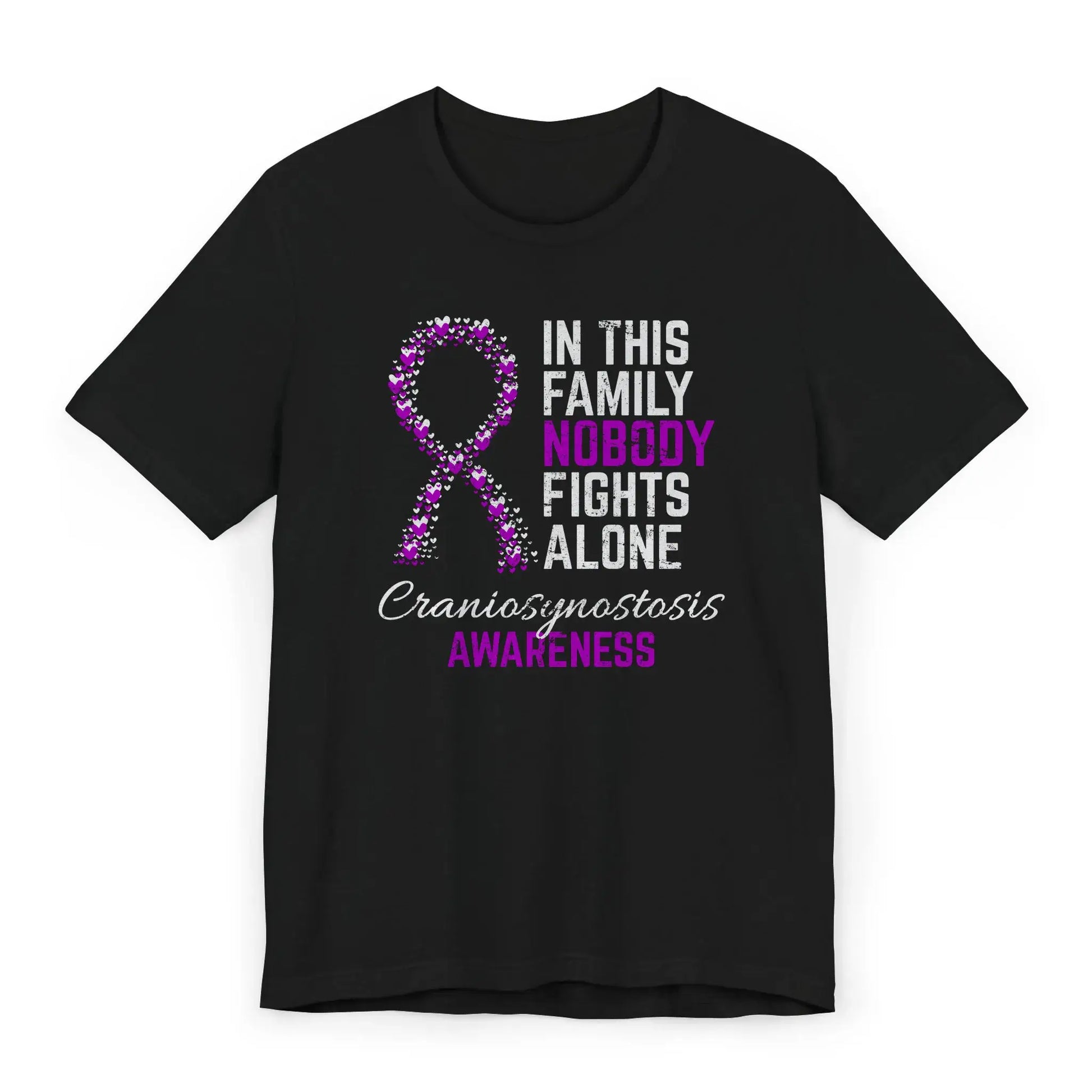 Flat image of the craniosynostosis awareness T-shirt with a heart-filled ribbon and the quote “In This Family No One Fights Alone.”