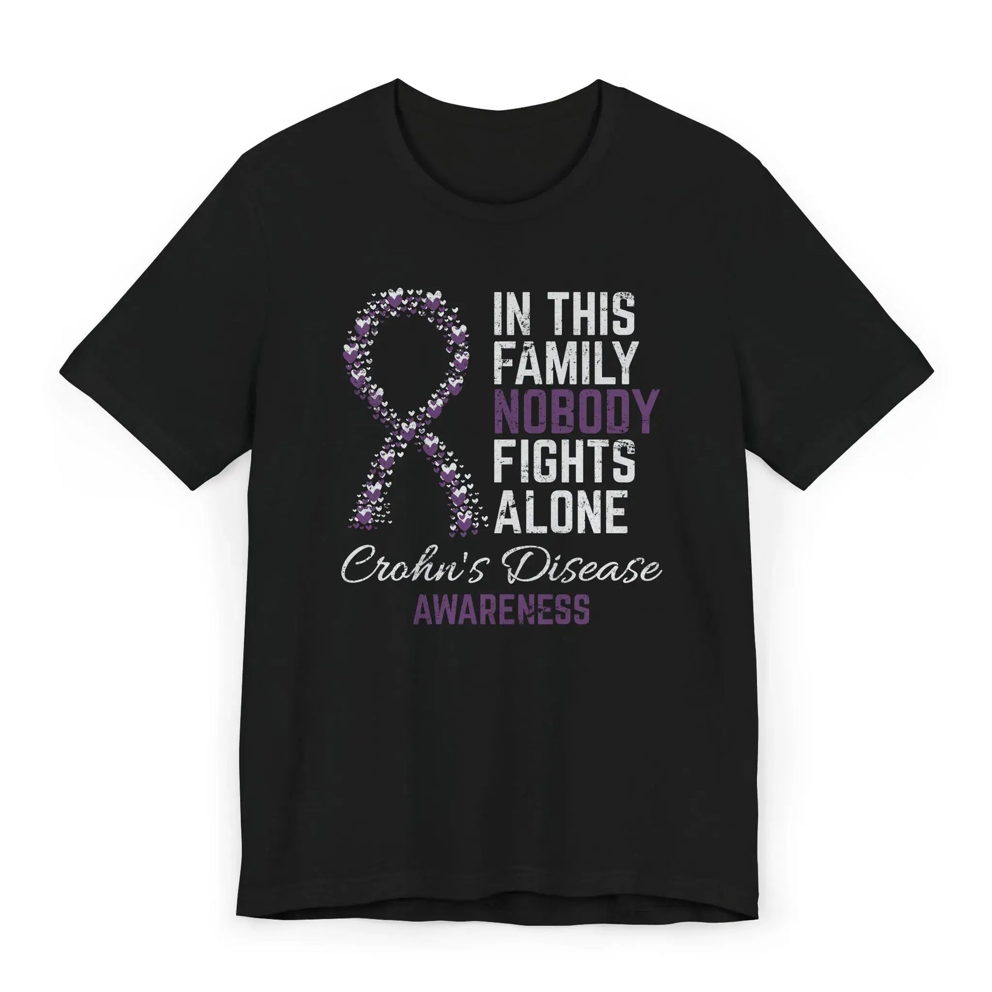 Flat image of the Crohn’s Disease Awareness T-shirt with ribbon and quote for warriors facing Crohn’s and raising visibility for chronic illness.