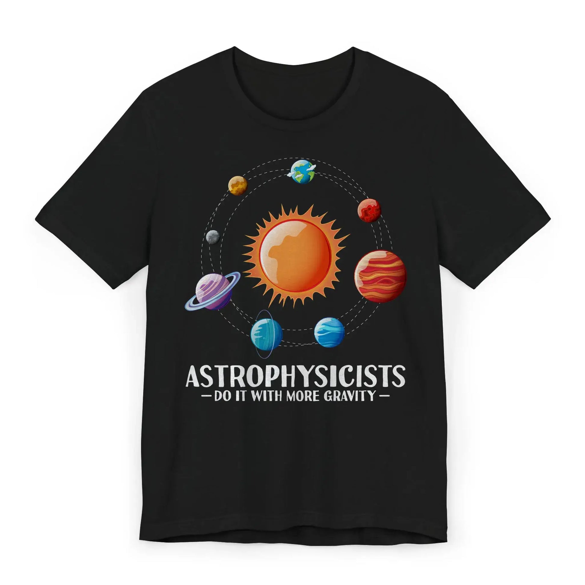 Flatlay of space pun shirt that says Do It With More Gravity