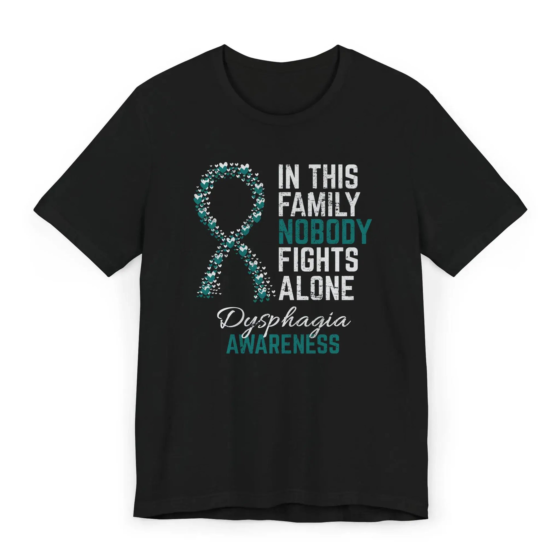 The flat image shows a Dysphagia Awareness T-shirt with a heart-filled ribbon and quote offering support for those affected by swallowing disorders.