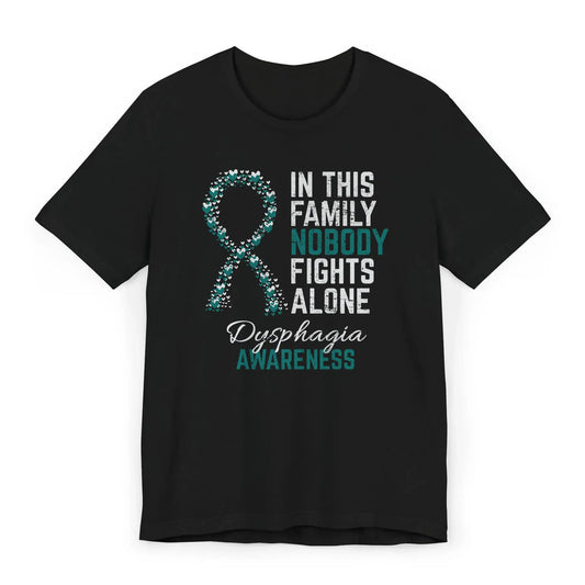 The flat image shows a Dysphagia Awareness T-shirt with a heart-filled ribbon and quote offering support for those affected by swallowing disorders.