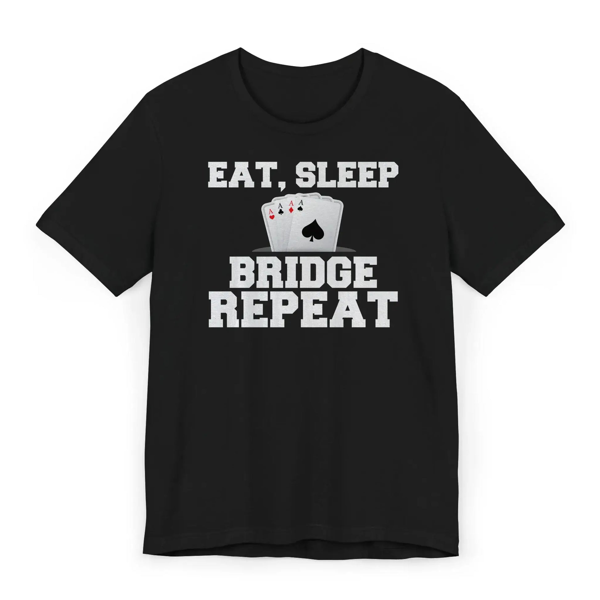Flat lay of bridge player shirt with quote “Eat Sleep Bridge Repeat” and card graphic.