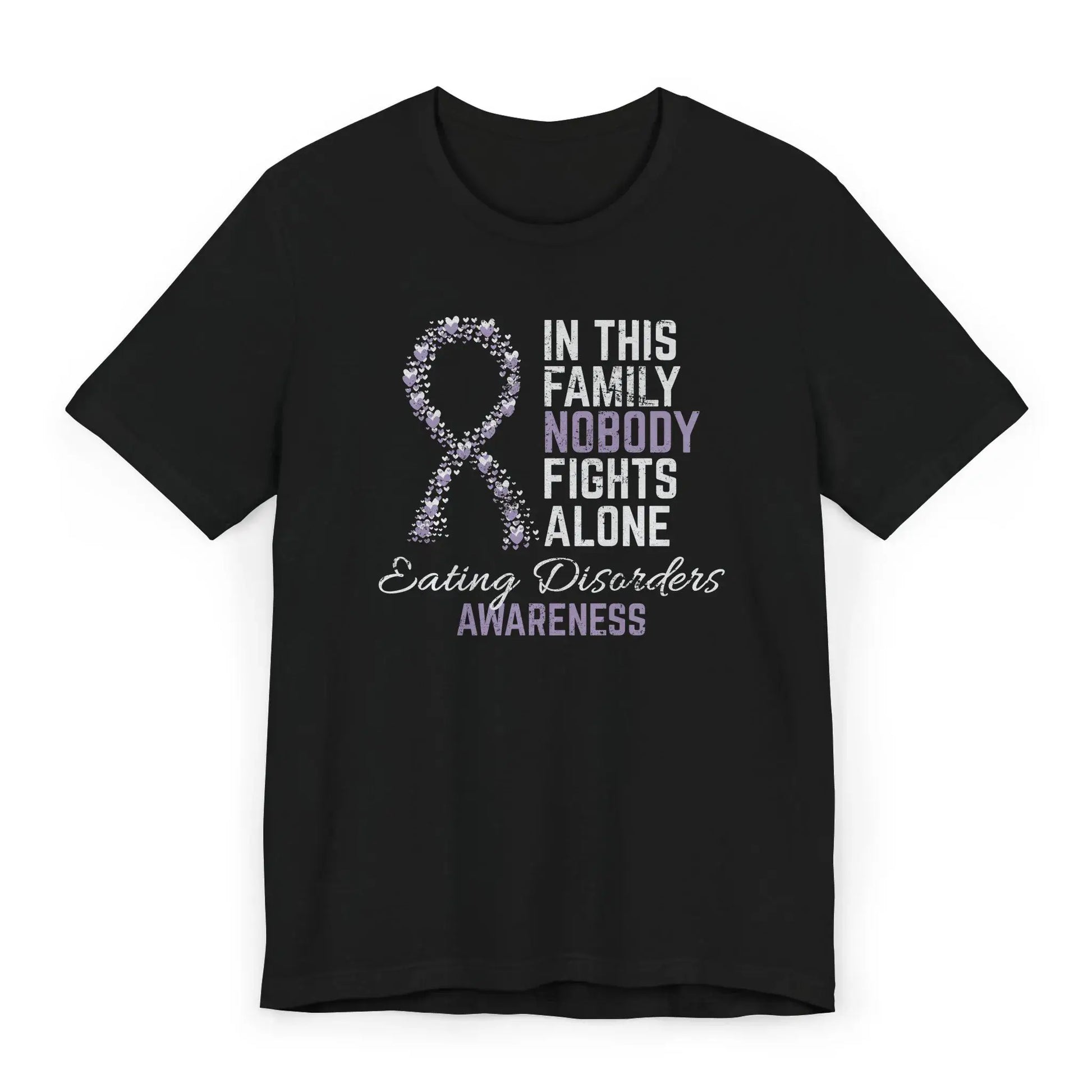 Flat image of the Eating Disorders Awareness T-shirt with a rainbow ribbon and quote supporting recovery and self-love.