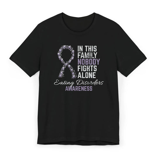 Flat image of the Eating Disorders Awareness T-shirt with a rainbow ribbon and quote supporting recovery and self-love.