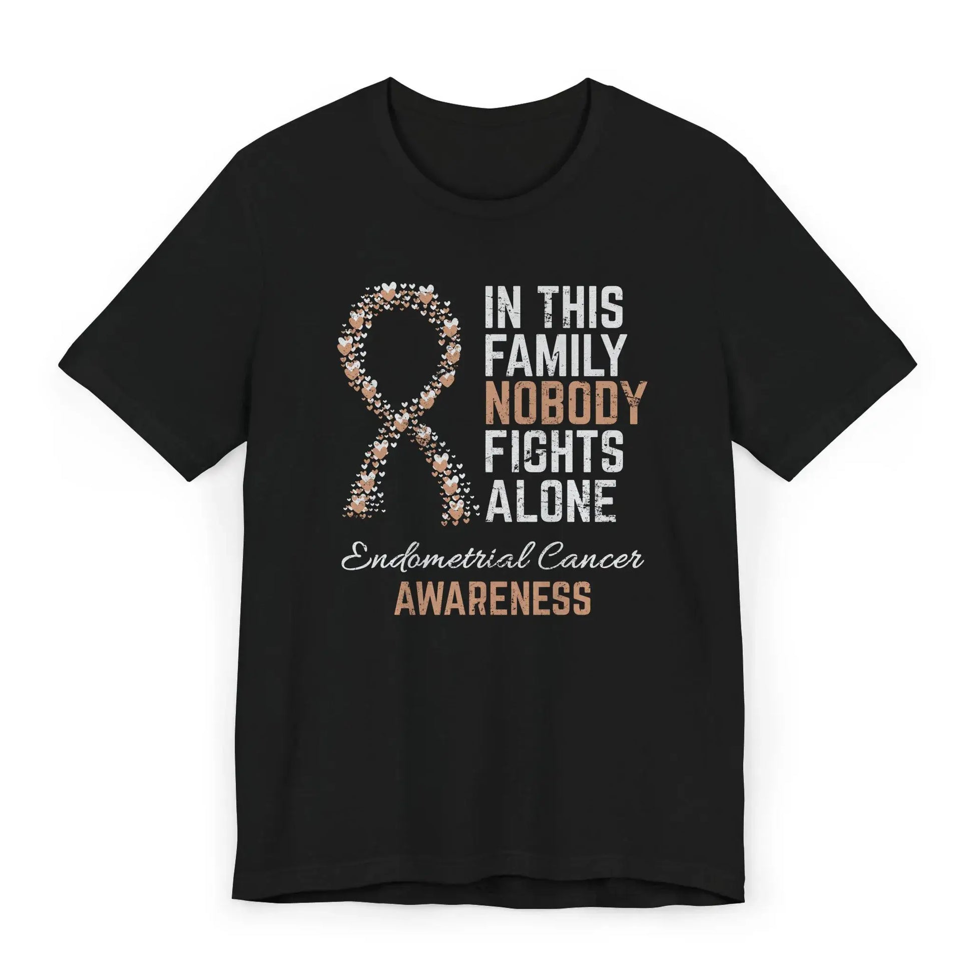 Flat image of the Endometrial Cancer Awareness T-shirt with ribbon and quote, designed to support survivors and raise cancer awareness.