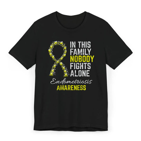 The flat image shows an Endometriosis Awareness T-shirt with a heart-filled ribbon and quote supporting women with chronic pain and invisible illness.