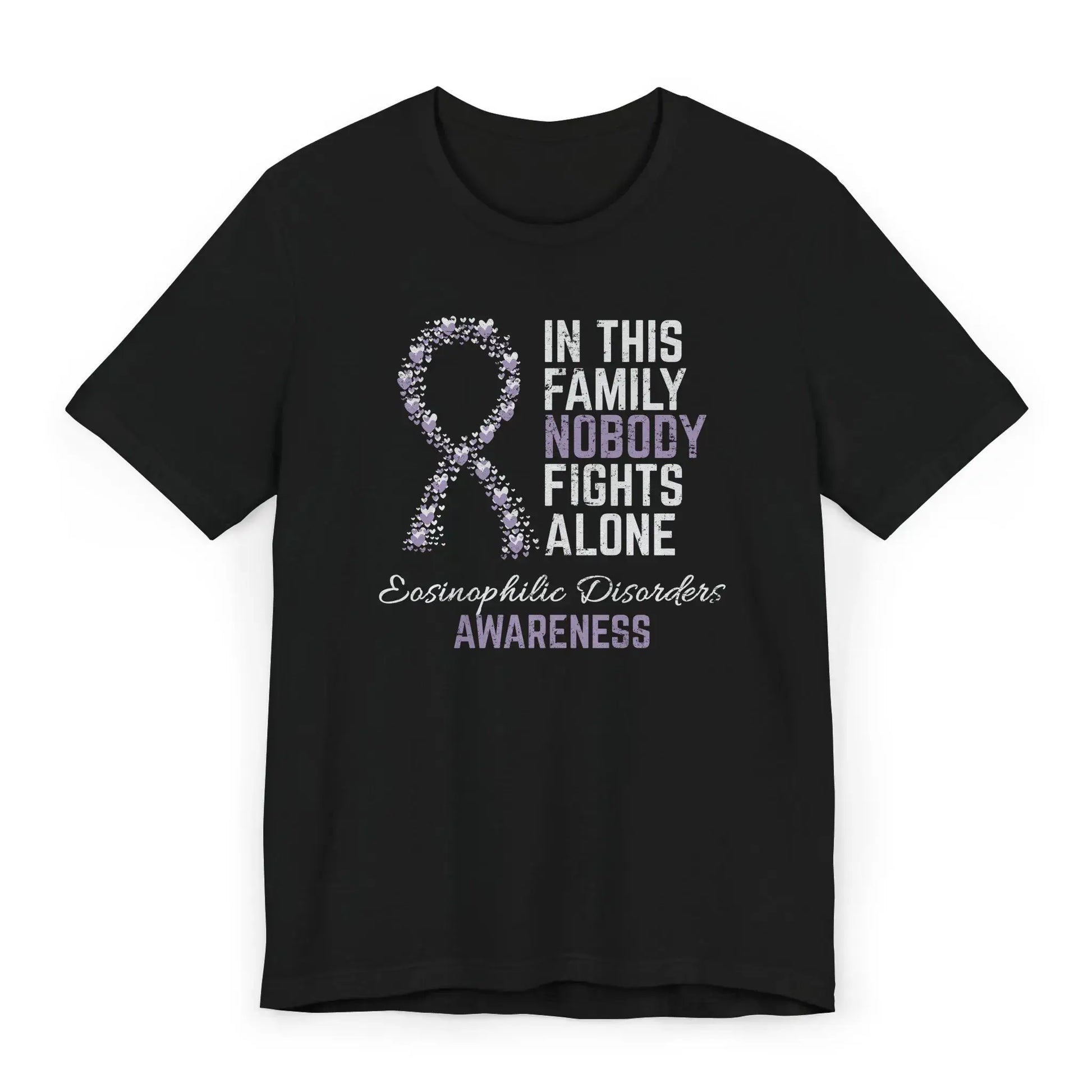 Flat image of the Eosinophilic Disorders Awareness T-shirt with a periwinkle ribbon and quote showing support for rare GI conditions.