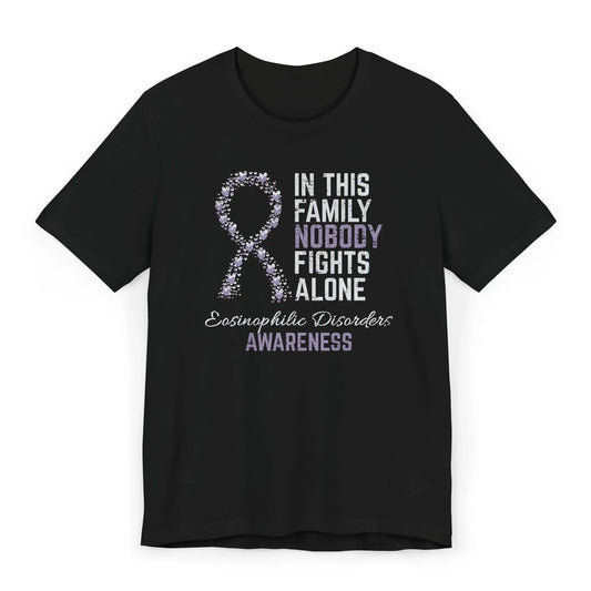 Flat image of the Eosinophilic Disorders Awareness T-shirt with a periwinkle ribbon and quote showing support for rare GI conditions.