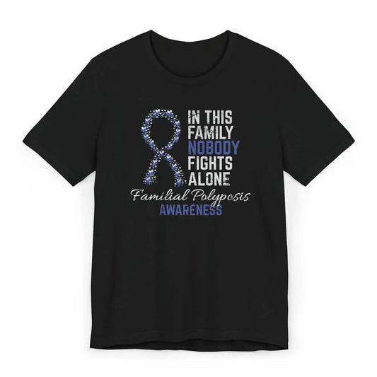 The flat image displays a Familial Polyposis Awareness T-shirt with a heart-filled ribbon and message honoring those facing inherited colon cancer risk.