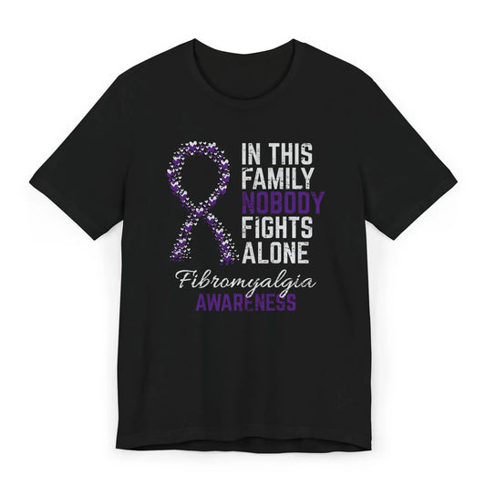 The flat image displays a Fibromyalgia Awareness T-shirt with a heart-filled ribbon and quote supporting chronic illness warriors living with daily pain.