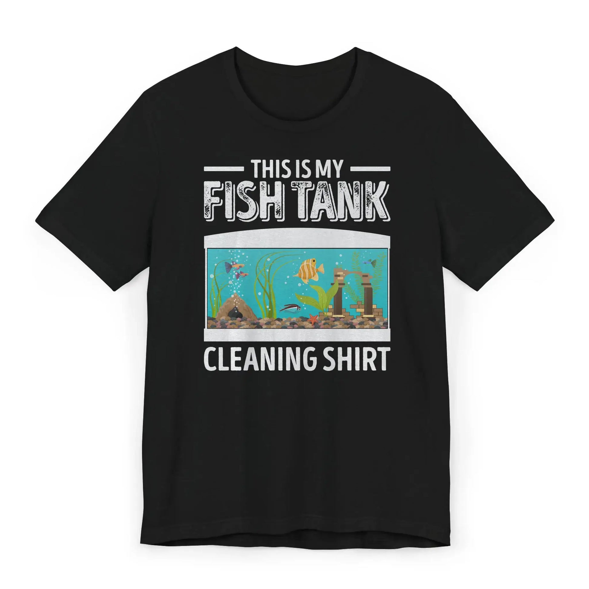 Flatlay of black aquarium t-shirt with “Fish Tank Cleaning Shirt” text and tank image
