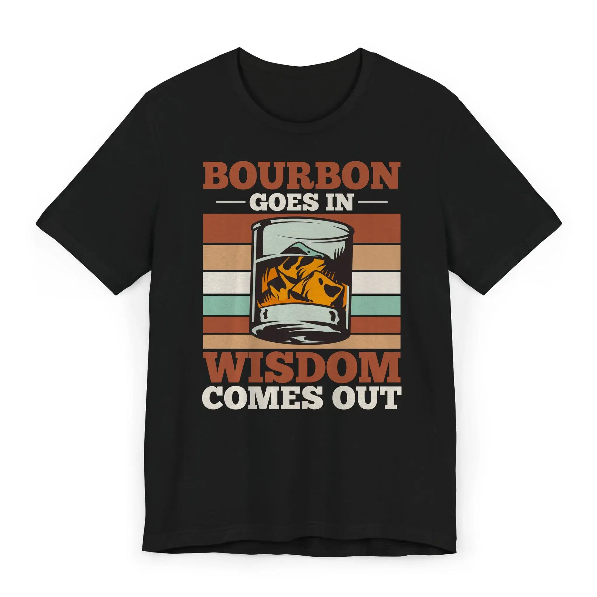 Flat image of a black bourbon shirt with whiskey glass and retro stripes