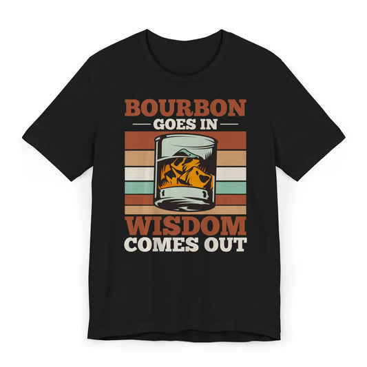 Flat image of a black bourbon shirt with whiskey glass and retro stripes