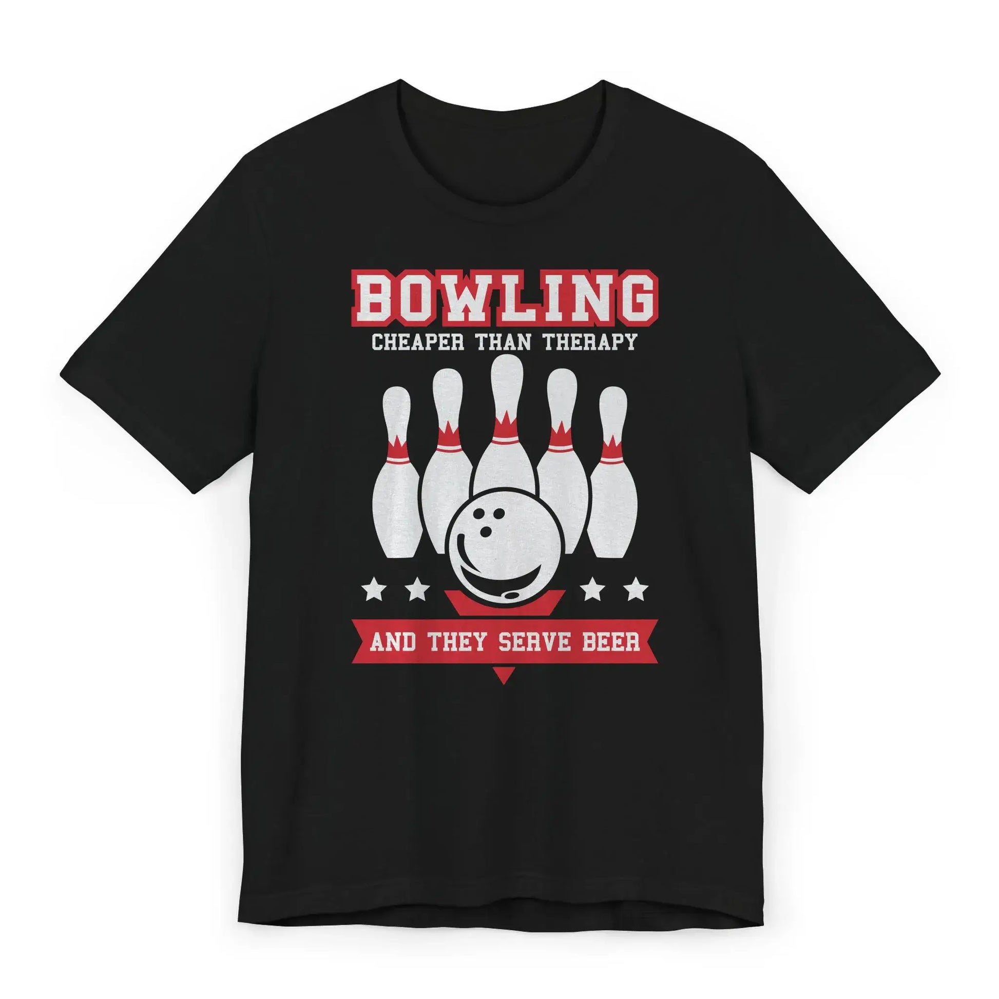 Flatlay of black bowling shirt with “Bowling Cheaper Than Therapy” design and beer reference