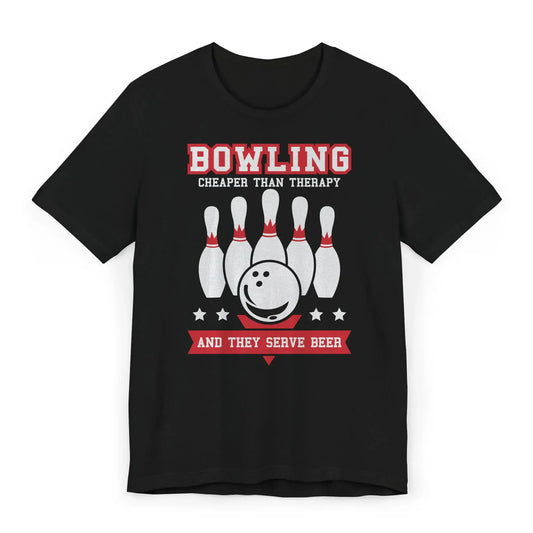 Flatlay of black bowling shirt with “Bowling Cheaper Than Therapy” design and beer reference