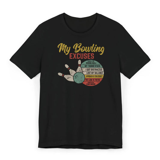 Flat image of bowling shirt with “My Bowling Excuses” title and red checklist design