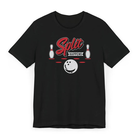 Flat image of Split Happens bowling shirt with pins and a stylized bowling ball