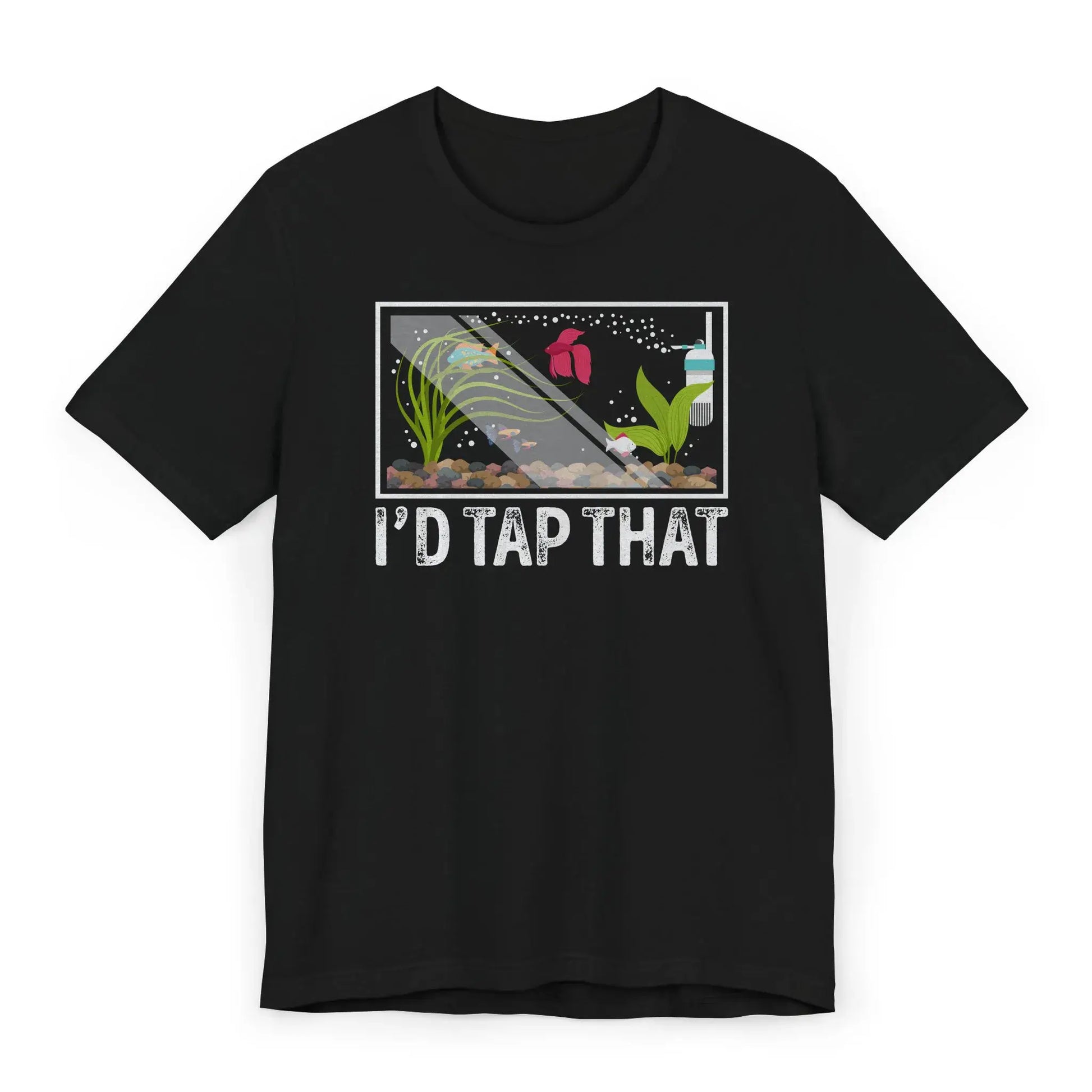 Flatlay of black funny aquarium shirt with “I’d Tap That” fish tank design