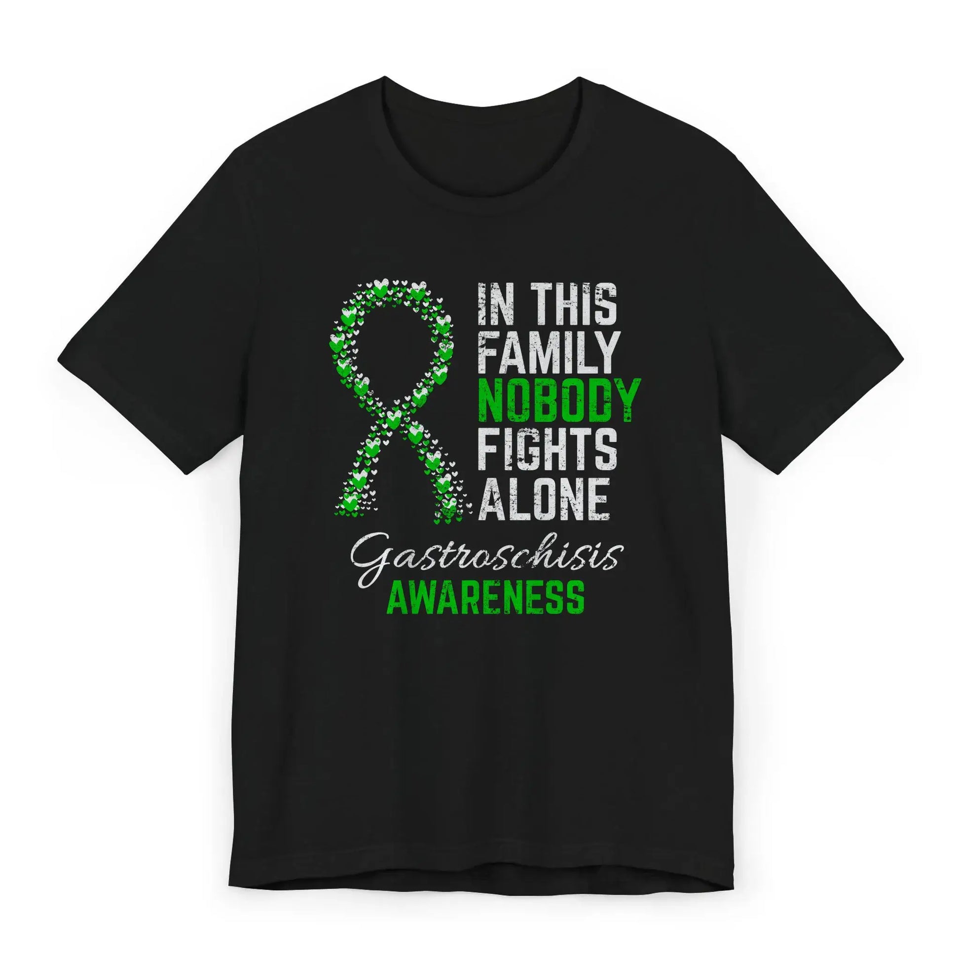 This unisex gastroschisis awareness T-shirt features a heart-filled ribbon and the quote “In This Family No One Fights Alone” to show support.