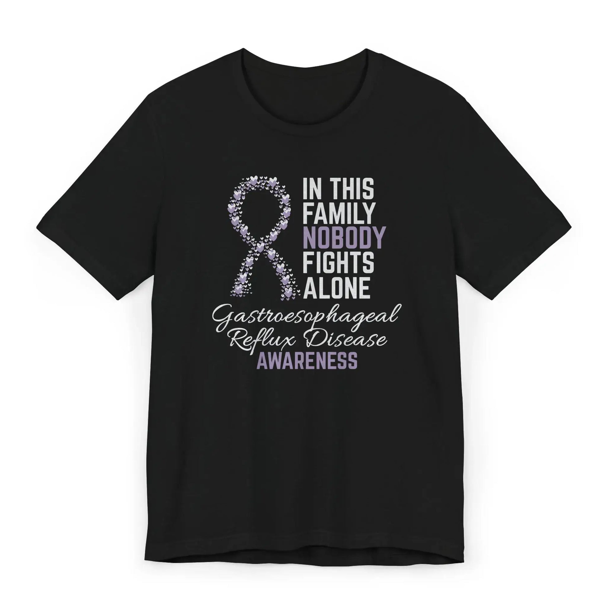 Flat image of the GERD Awareness T-shirt with a light blue ribbon and quote supporting those living with digestive disorders.
