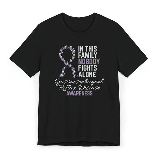 Flat image of the GERD Awareness T-shirt with a light blue ribbon and quote supporting those living with digestive disorders.