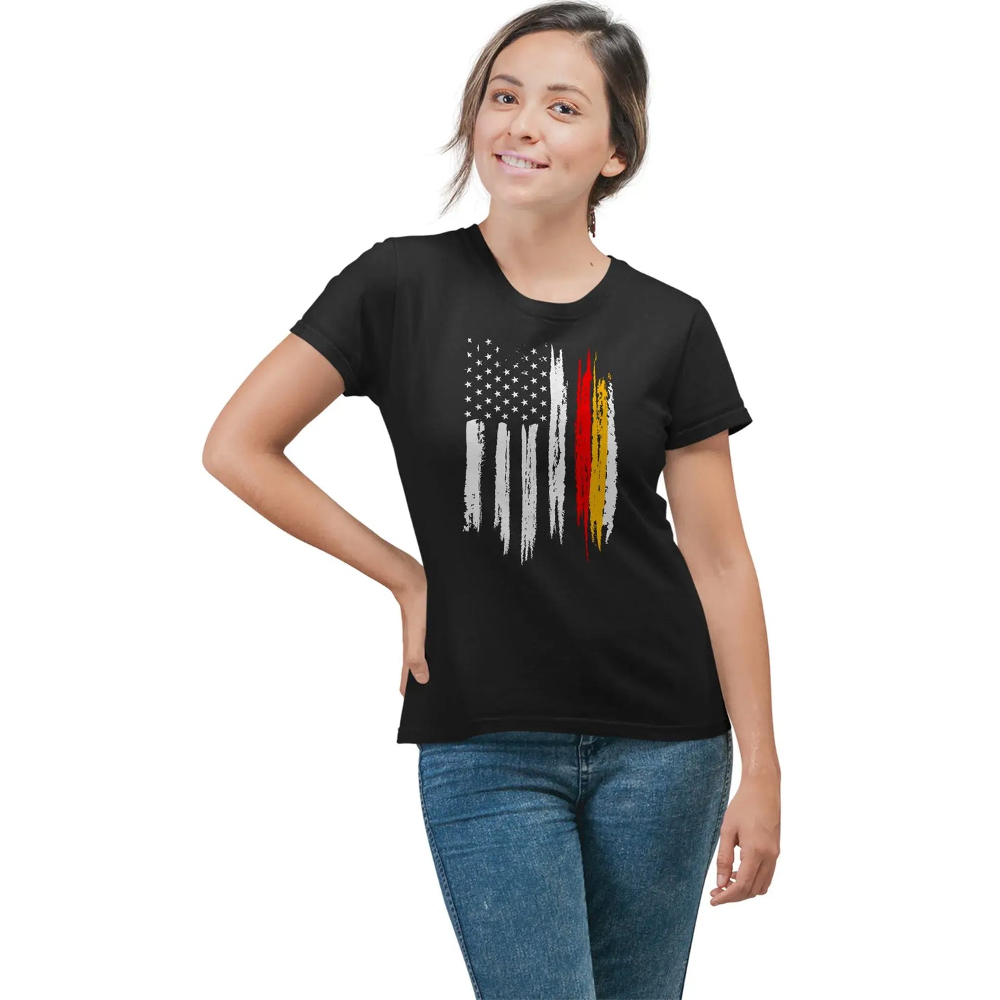 Woman in subtle German roots shirt
