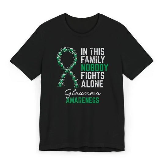 The flat image displays a Glaucoma Awareness T-shirt with a heart-filled ribbon and the quote to show support for early detection and vision health.