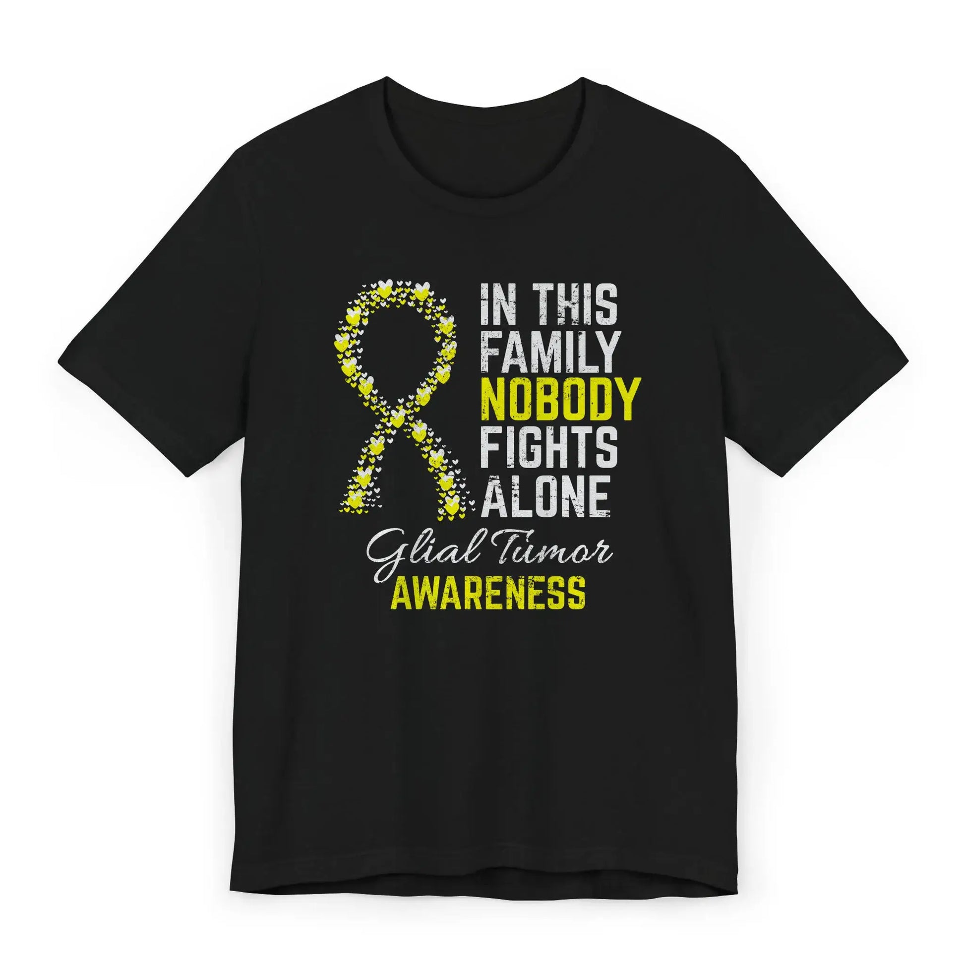 Flat image of the glial tumor awareness T-shirt with a heart-filled ribbon and the quote “In This Family No One Fights Alone.”
