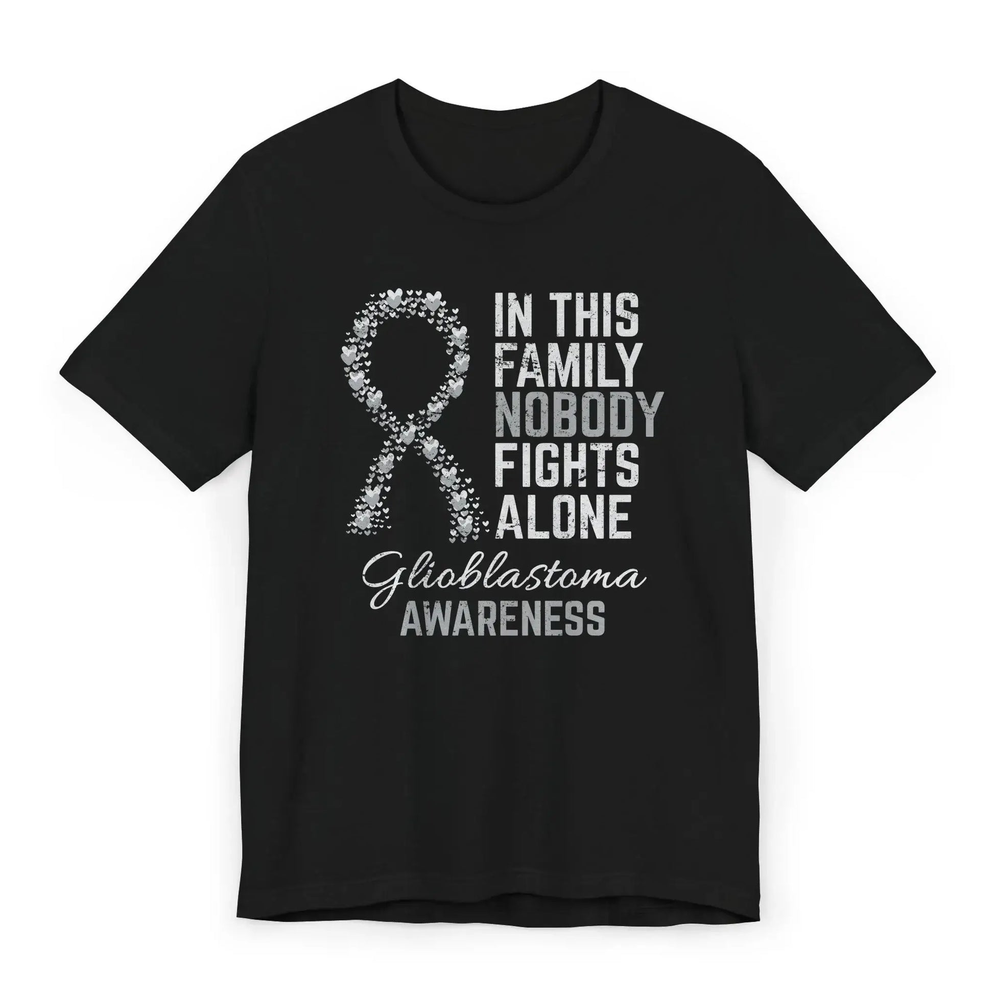 The flat image shows a Glioblastoma Awareness T-shirt with a gray heart-filled ribbon and message supporting brain cancer fighters and loved ones.