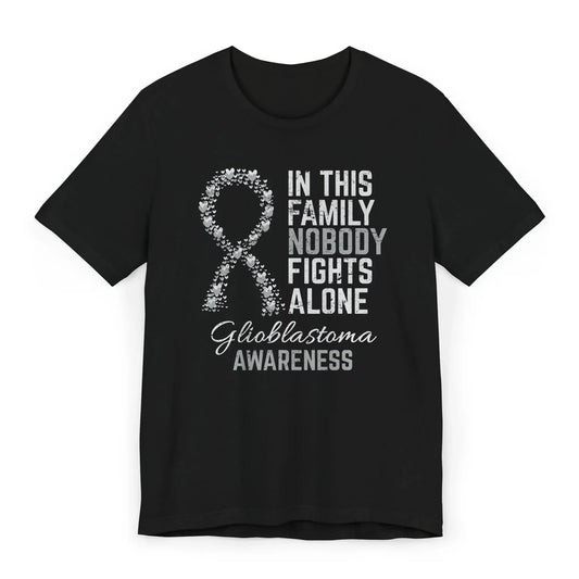 The flat image shows a Glioblastoma Awareness T-shirt with a gray heart-filled ribbon and message supporting brain cancer fighters and loved ones.