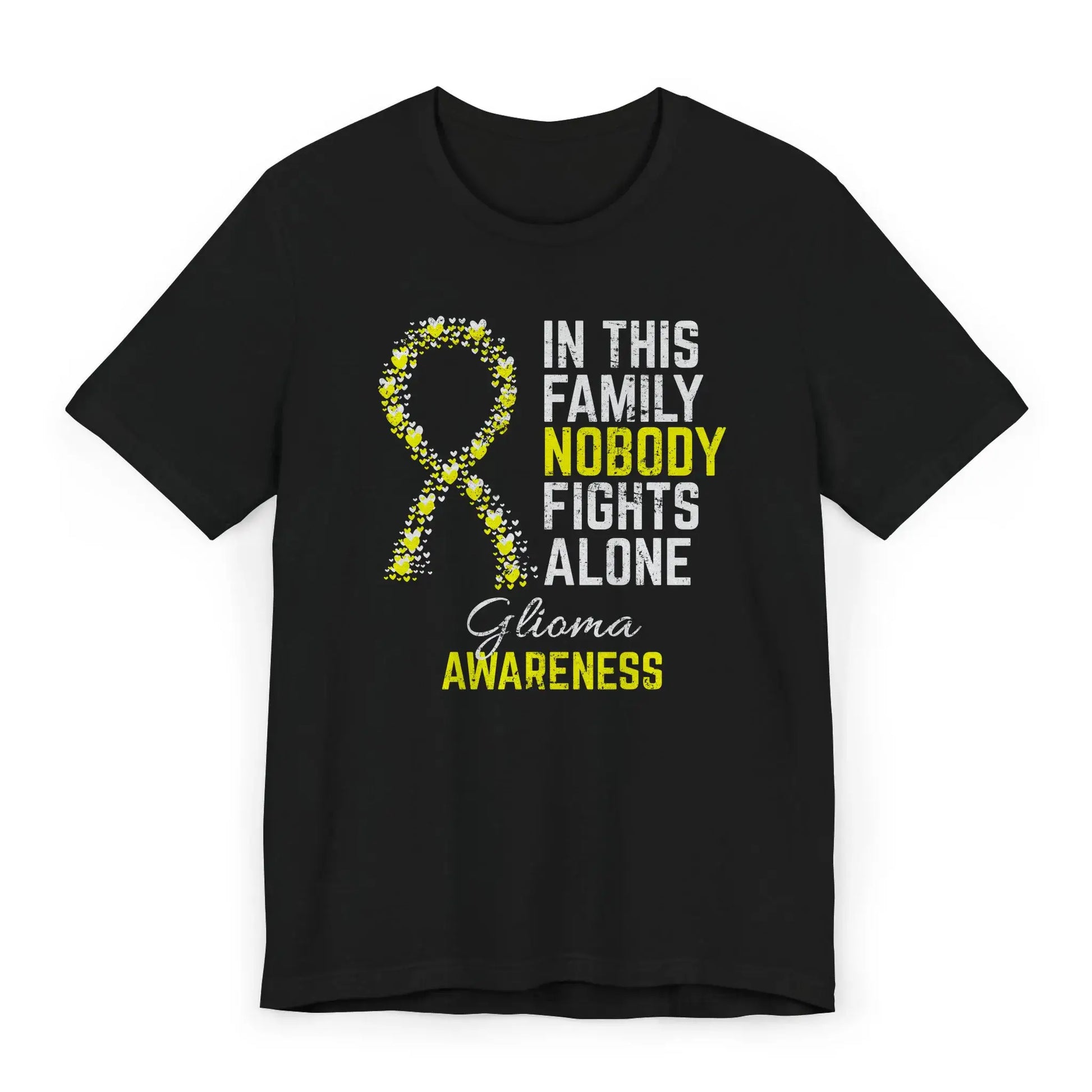 Flat image of the glioma awareness T-shirt with a heart-filled gray ribbon and the quote “In This Family No One Fights Alone.”