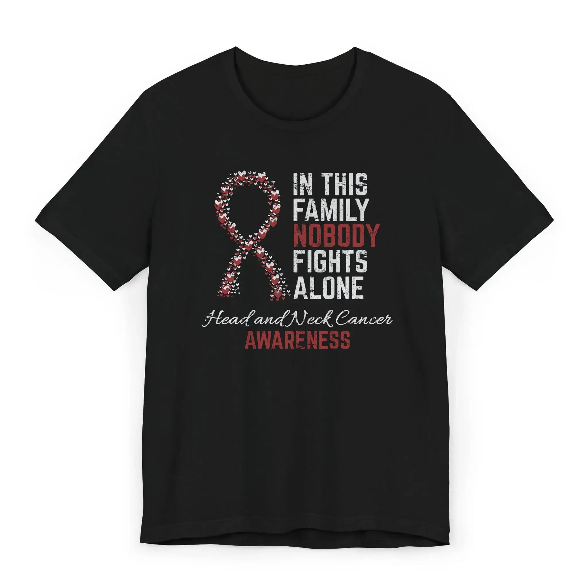 The flat image displays a Head and Neck Cancer Awareness T-shirt with a heart-filled ribbon and quote supporting those affected by these rare cancers.