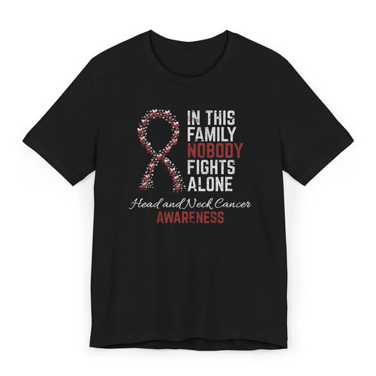 The flat image displays a Head and Neck Cancer Awareness T-shirt with a heart-filled ribbon and quote supporting those affected by these rare cancers.