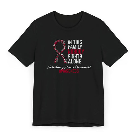 Flat image of the hemochromatosis awareness T-shirt with a heart-filled ribbon and the quote “In This Family No One Fights Alone.”